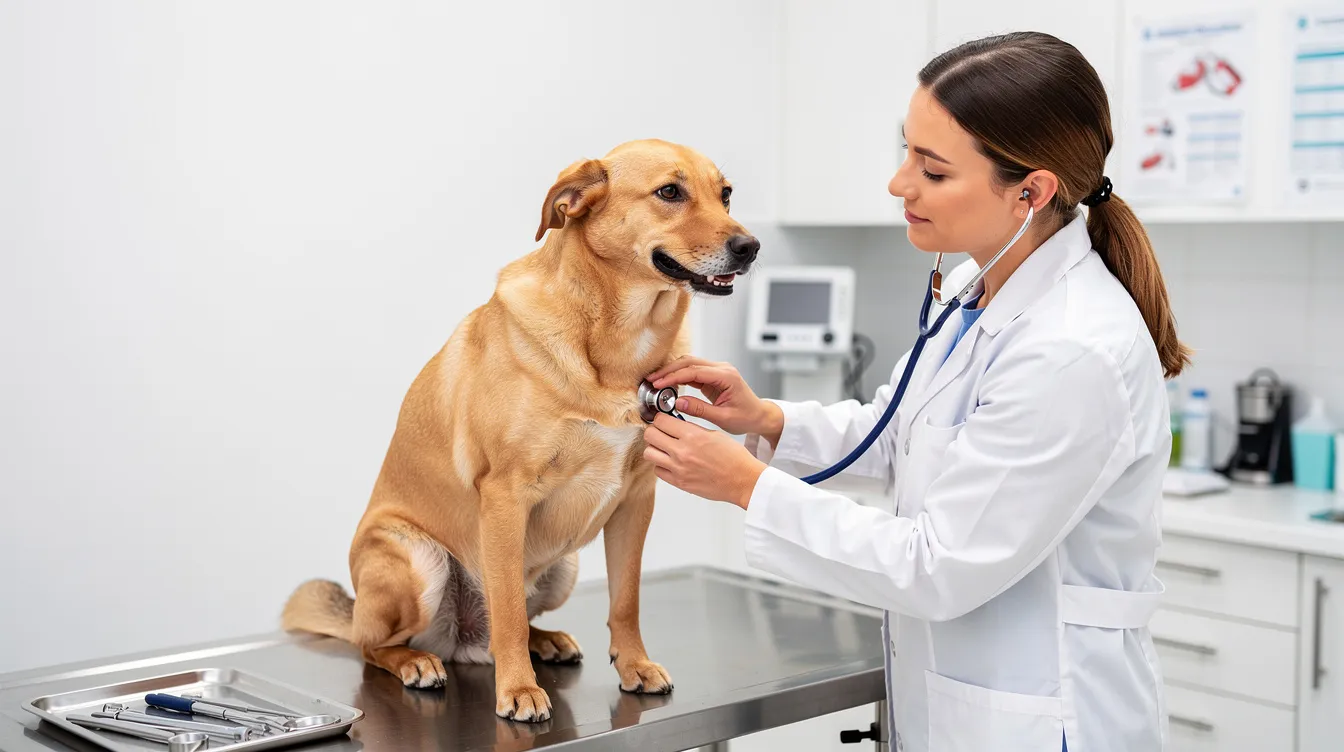 A veterinarian is carefully examining a dog's breathing and respiratory health in a clinical setting, ensuring the pet is comfortable and assessing any existing respiratory conditions. The vet may discuss the safety of various products, including peppermint oil and its potential effects on dogs, emphasizing the importance of veterinary guidance for pet owners.
