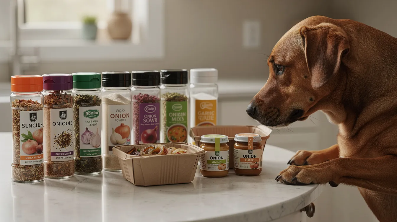 The image depicts a kitchen counter cluttered with common hidden sources of allium toxicity, such as seasoning bottles, soup mix packets, baby food jars, and takeout containers, while a curious dog stands nearby. Pet owners should be cautious, as foods like onions and garlic can be toxic to dogs, potentially damaging their red blood cells and leading to serious complications.