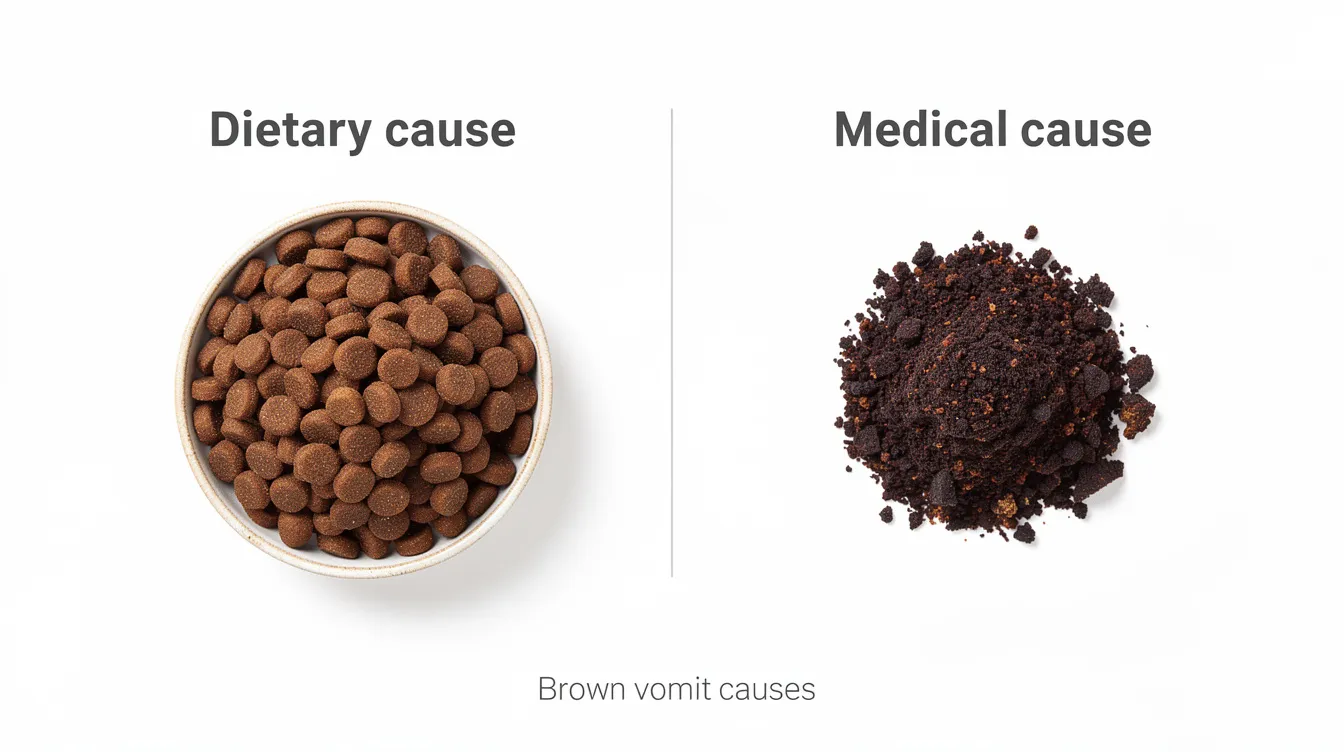 The image shows a bowl of brown kibble next to dark granular material on a white background, illustrating the dietary versus medical causes of brown vomit in dogs. This comparison highlights potential issues like upset stomach, intestinal blockage, or the presence of digested blood, which could indicate a need for a vet visit if a dog is vomiting brown liquid.
