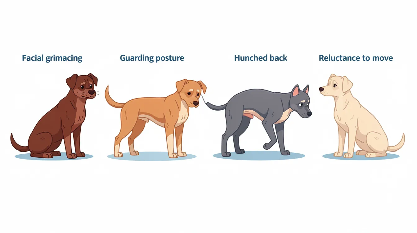 The illustration depicts various pain indicators in dogs, such as facial grimacing, a guarding posture, a hunched back, and reluctance to move, highlighting the importance of recognizing these signs for early intervention and seeking veterinary care. Understanding these symptoms can help pet owners address potential health issues, ensuring their dog's well-being and prompt treatment if necessary.