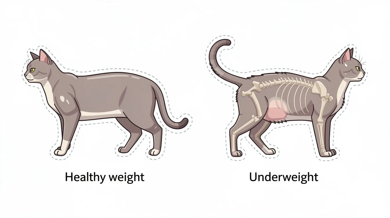 The image shows a side-by-side comparison of a healthy-weight cat and an underweight cat, emphasizing the differences in their body condition; the underweight cat's ribs and hip bones are easily visible, while the healthy cat has a fuller silhouette with adequate muscle mass. This visual highlights the importance of maintaining an ideal weight for cats to avoid health problems.