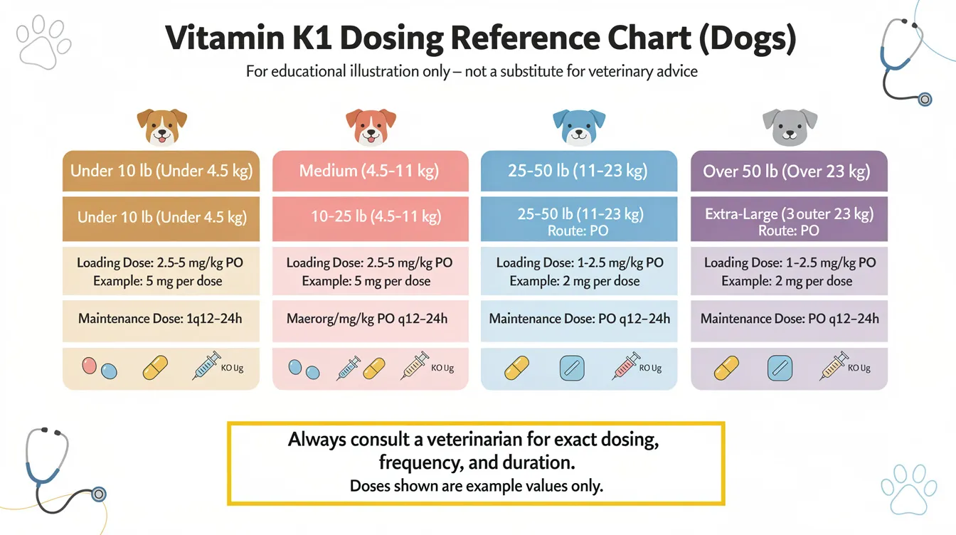 The image features a detailed Vitamin K1 dosing reference chart for dogs, categorized by weight, outlining both loading and maintenance doses. This chart is crucial for veterinary medicine, especially in cases of anticoagulant rodenticide poisoning, as it helps determine the appropriate treatment to address potential internal bleeding and support the dog's recovery.