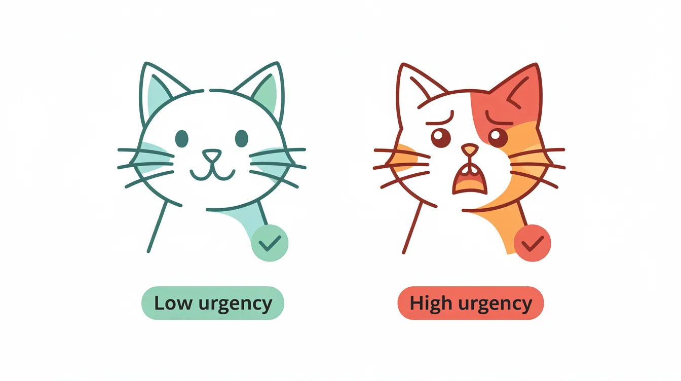 The image features a calm cat icon on one side and a distressed cat icon on the other, illustrating different levels of veterinary urgency. This visual representation helps cat owners recognize signs of pain in cats, such as subtle changes in behavior or facial expression, which may indicate chronic or acute pain that requires veterinary advice.