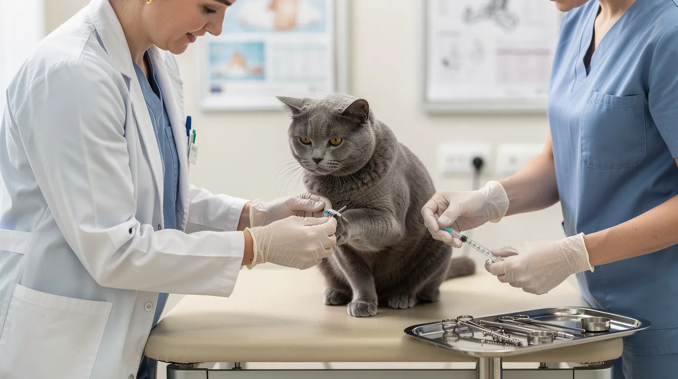 A veterinarian is gently performing a blood draw on a calm senior cat during a wellness examination, assessing the cat's kidney function and overall health. This procedure is crucial for early detection of conditions such as chronic kidney disease, which is common in older cats.