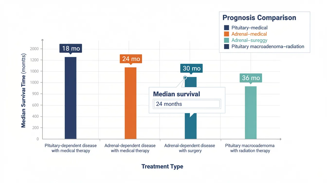 The image depicts an interactive prognosis comparison chart illustrating median survival times for various conditions associated with Cushing's disease in dogs, including pituitary-dependent disease treated with medical therapy and adrenal-dependent disease treated with surgery. The chart highlights the effectiveness of different treatment options, such as radiation therapy for pituitary macroadenoma, in managing excess cortisol and improving the dog's quality of life.