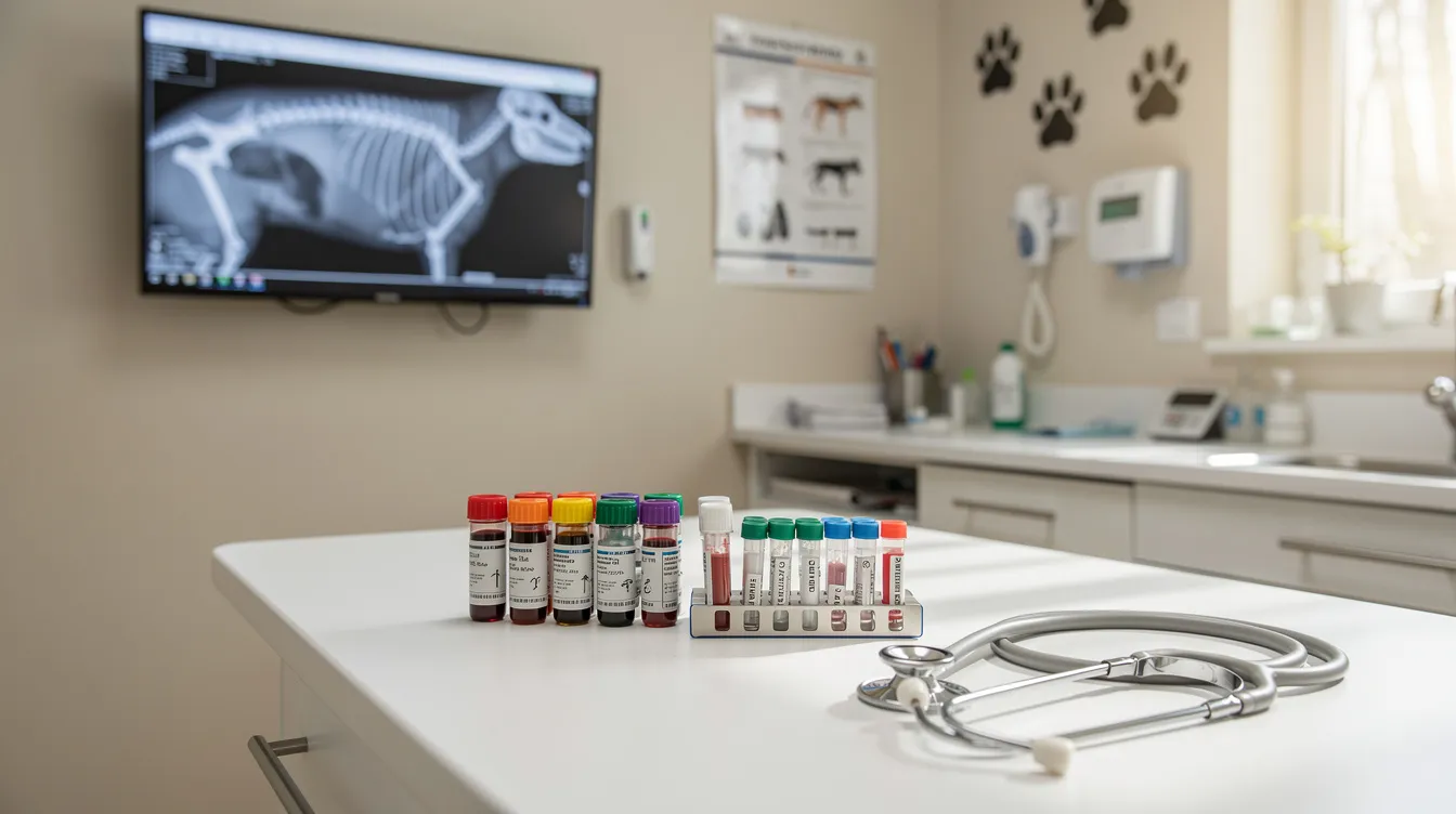 The image depicts a veterinary setting with essential diagnostic tools, including blood sample vials, an imaging screen displaying an X-ray, and a stethoscope. This environment is crucial for veterinarians to assess health issues in pets, such as dog lethargy or loss of appetite, and to provide necessary veterinary care.