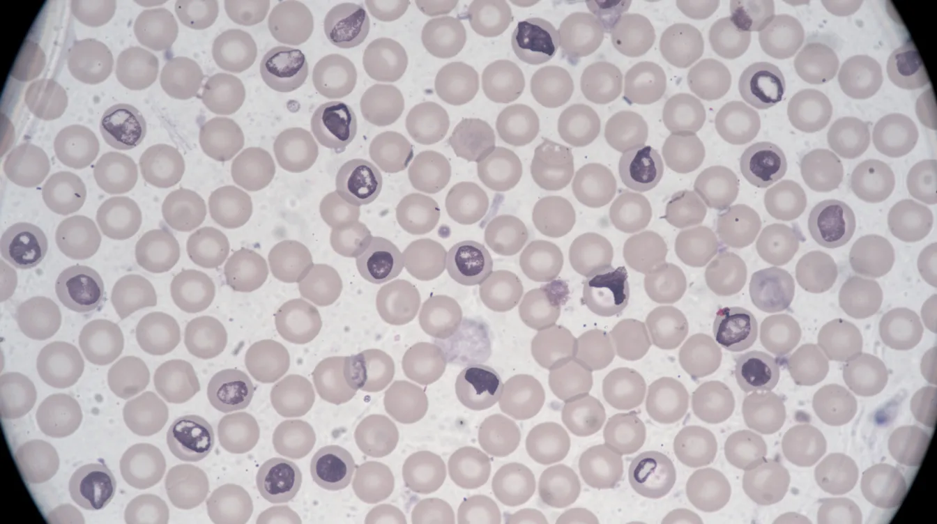 The image depicts a microscopic view of a veterinary blood smear, highlighting dark Heinz bodies as inclusions within pale red blood cells. This condition can indicate red blood cell damage, often associated with the ingestion of toxic substances like onions or garlic, which can be harmful to dogs.