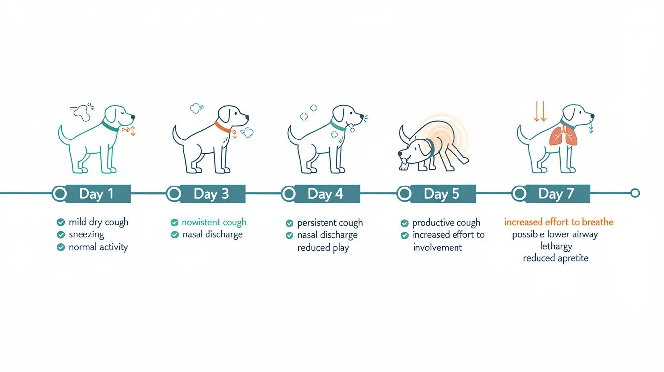 The image depicts an interactive timeline illustrating the progression of canine respiratory illness over seven days, starting with a mild cough on day one and potentially advancing to lower respiratory tract involvement by day seven, which may include severe symptoms like labored breathing and decreased appetite in sick dogs. This visual aids dog owners in understanding the common signs and clinical disease associated with canine respiratory infections, including kennel cough and canine influenza.