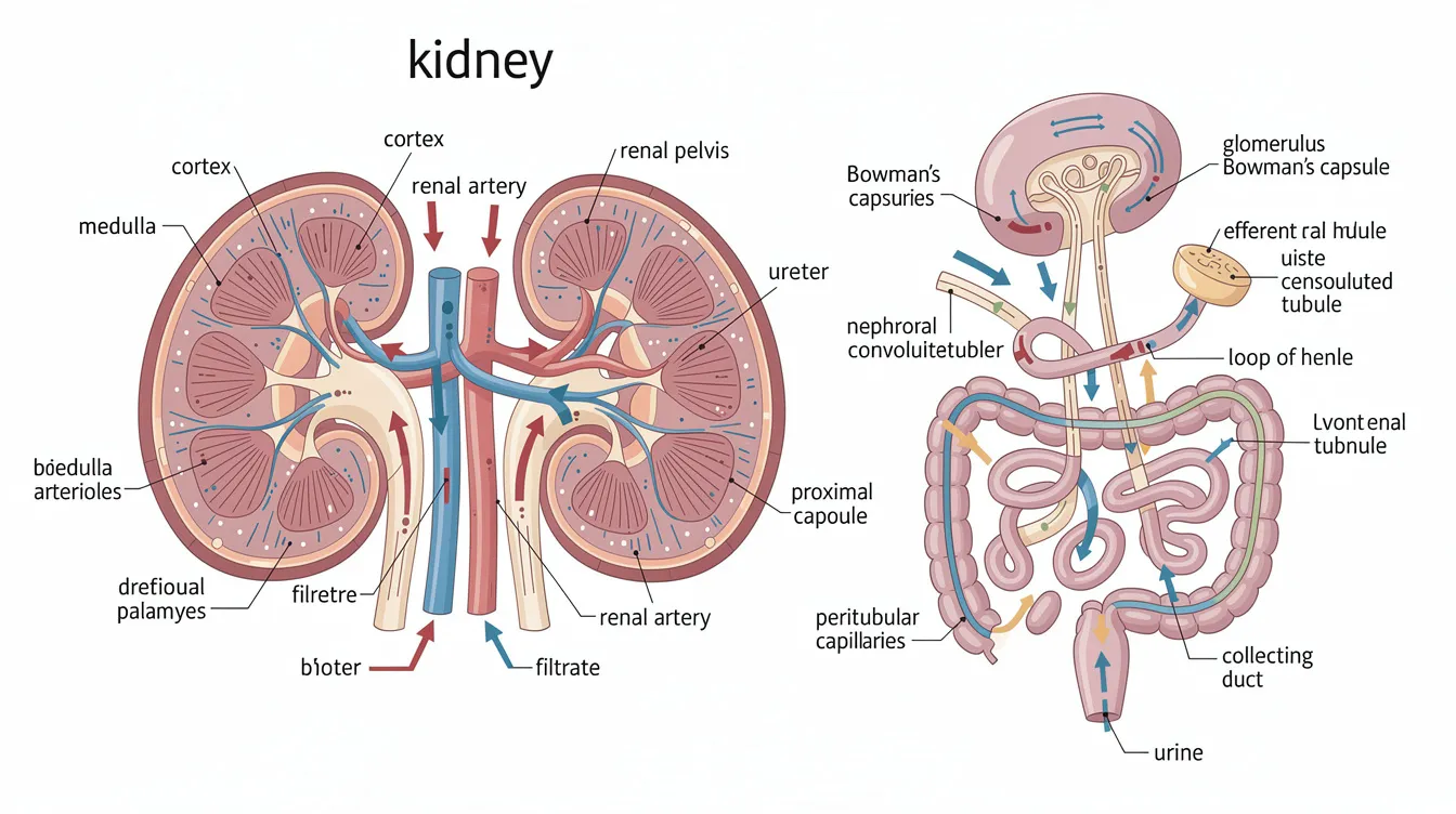 The diagram illustrates the normal anatomy of a feline kidney, highlighting the nephrons that filter blood and produce urine, essential for maintaining kidney function. This visual representation aids in understanding how chronic kidney disease can affect a cat's health and urine concentration.