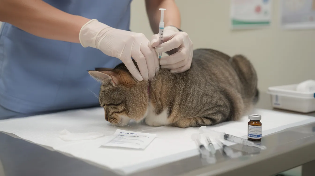 The image depicts a proper subcutaneous injection technique being demonstrated on a cat's scruff area, with various supplies such as a syringe and insulin vial visible. This technique is crucial for managing diabetes in cats, helping to regulate blood sugar levels effectively.