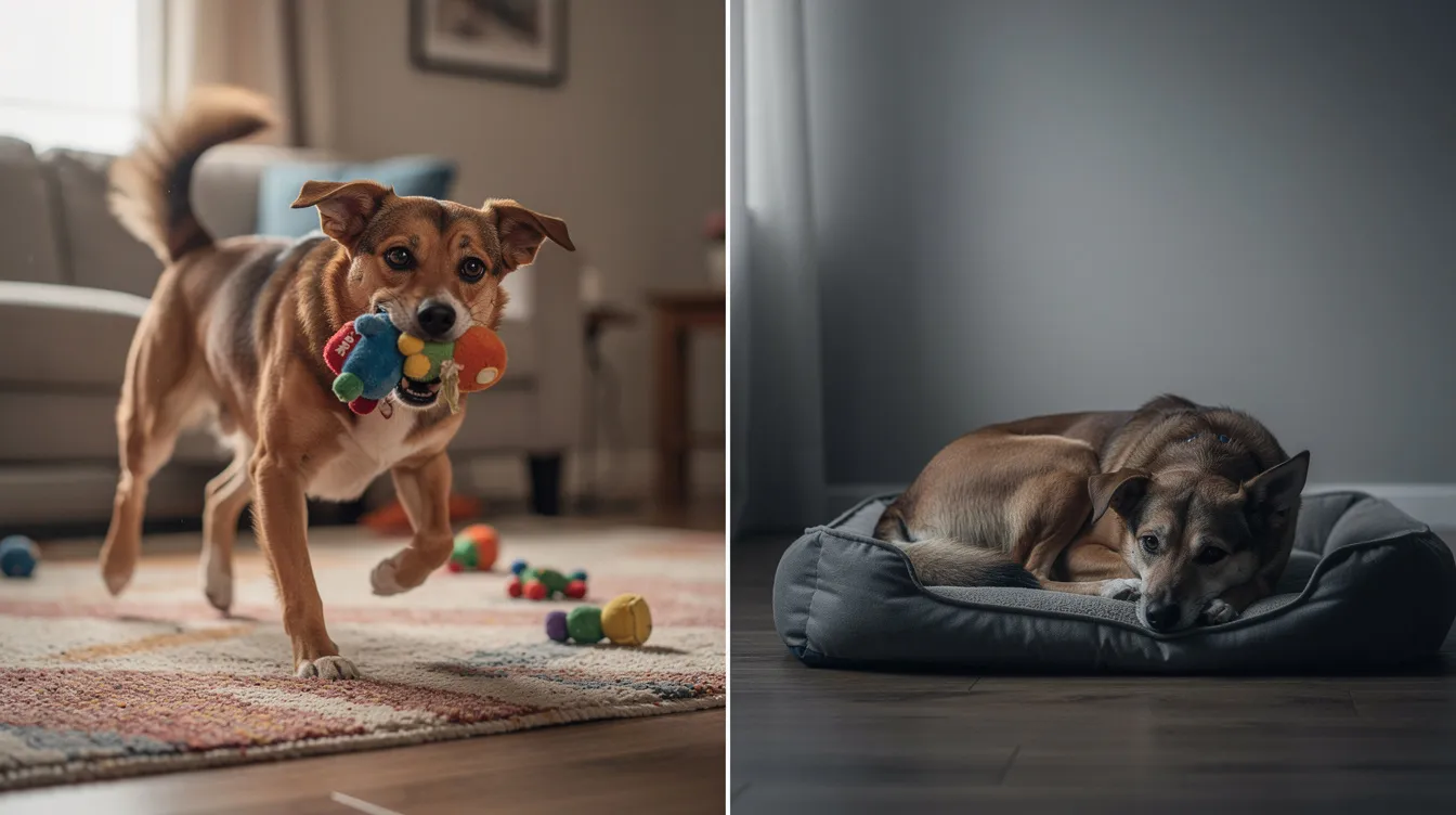 The image shows a side-by-side comparison of two dogs: one is active and playful, displaying a wagging tail and bright eyes, while the other appears lethargic and withdrawn, resting alone with drooping ears and a lack of energy. This contrast may indicate a potential health issue, such as a fever in dogs, which could require veterinary attention if accompanied by other symptoms.