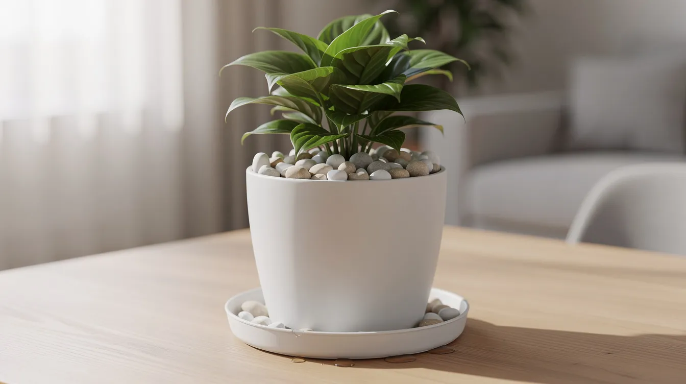 The image features an indoor potted plant, adorned with decorative stones on the soil surface and resting on a drainage tray, creating an appealing display for pet-friendly houseplants. This arrangement highlights the lush greenery, making it a suitable addition to any living space, especially for those with furry friends.