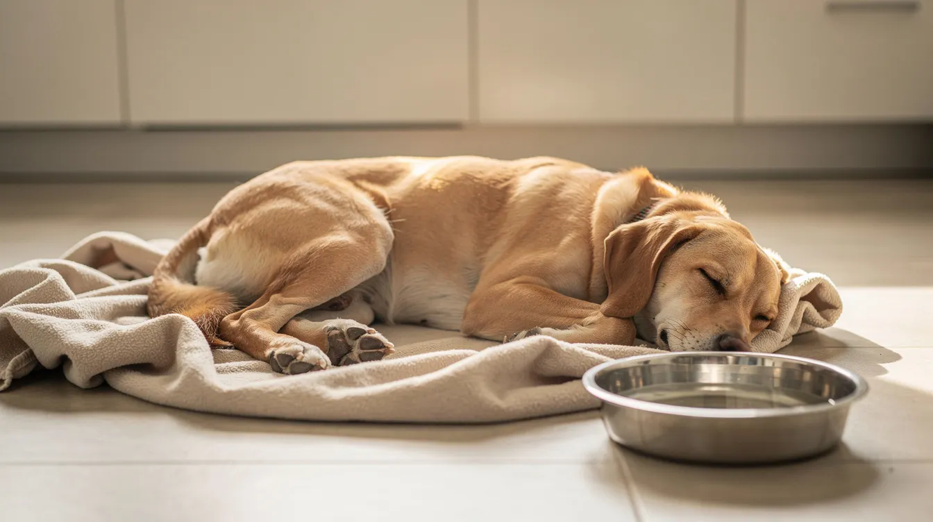 A serene image of a resting dog lying comfortably on a soft blanket next to a simple water bowl on a kitchen floor, suggesting a peaceful environment for healthy dogs. The scene evokes a sense of well-being, ideal for a pet recovering from gastrointestinal issues or an upset stomach.