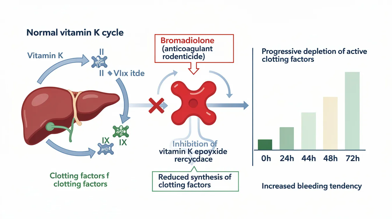 The diagram illustrates how bromadiolone, an anticoagulant rodenticide, disrupts the vitamin K cycle, leading to the depletion of clotting factors over time. It highlights the progression towards internal bleeding and clinical signs such as weakness and lethargy in dogs that have ingested the toxin.