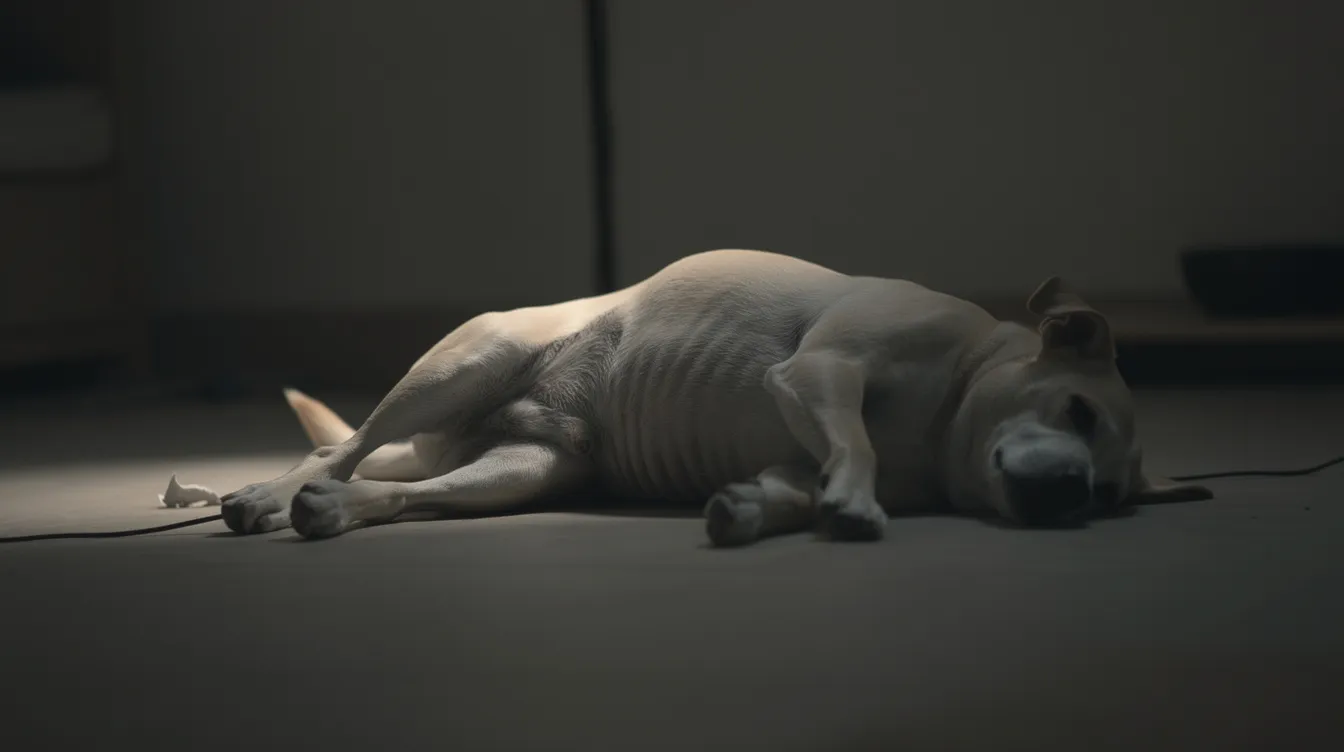 A senior dog lies on its side in a dimly lit room, displaying a tense body posture with an arched back, suggesting it may be suffering from acute pain or discomfort. The dog's worried expression and the position of its back legs indicate potential joint pain or injury, prompting a need for a vet visit and a proper treatment plan.
