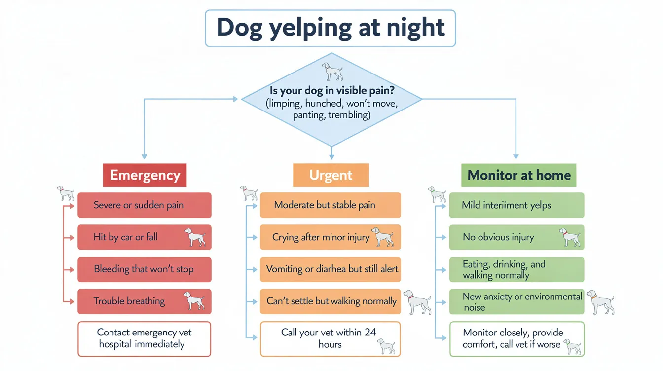 The flowchart illustrates a decision tree for assessing a dog yelping at night, guiding pet owners through steps to determine if the dog is experiencing acute pain, such as joint pain or injury, and whether to seek immediate veterinary care or monitor symptoms. It emphasizes the importance of evaluating the dog's age, physical exam results, and any additional symptoms like decreased appetite or difficulty walking.