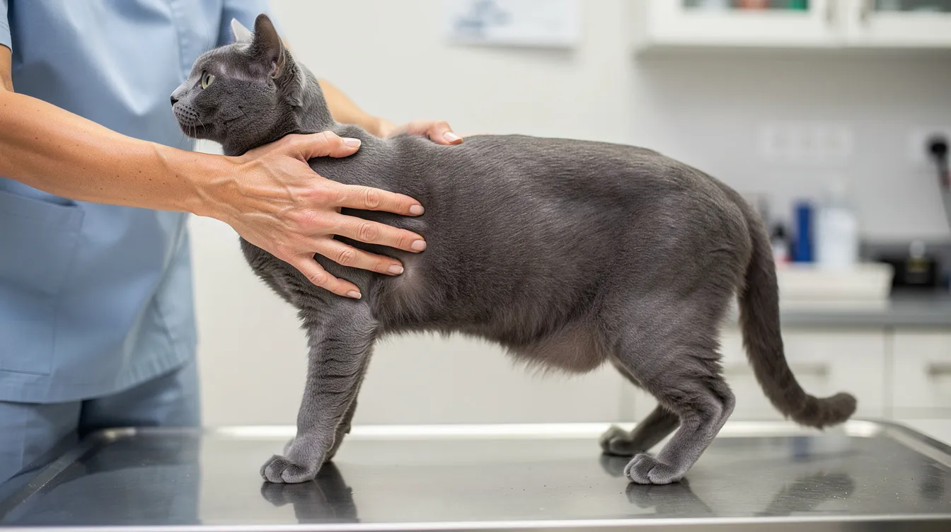The image depicts a hands-on demonstration where a person is assessing a cat's body condition by palpating its ribs and examining its waist, focusing on determining if the cat is at a healthy weight. This technique is essential for identifying if the cat is underweight or overweight, which can indicate potential health problems or the need for dietary adjustments.