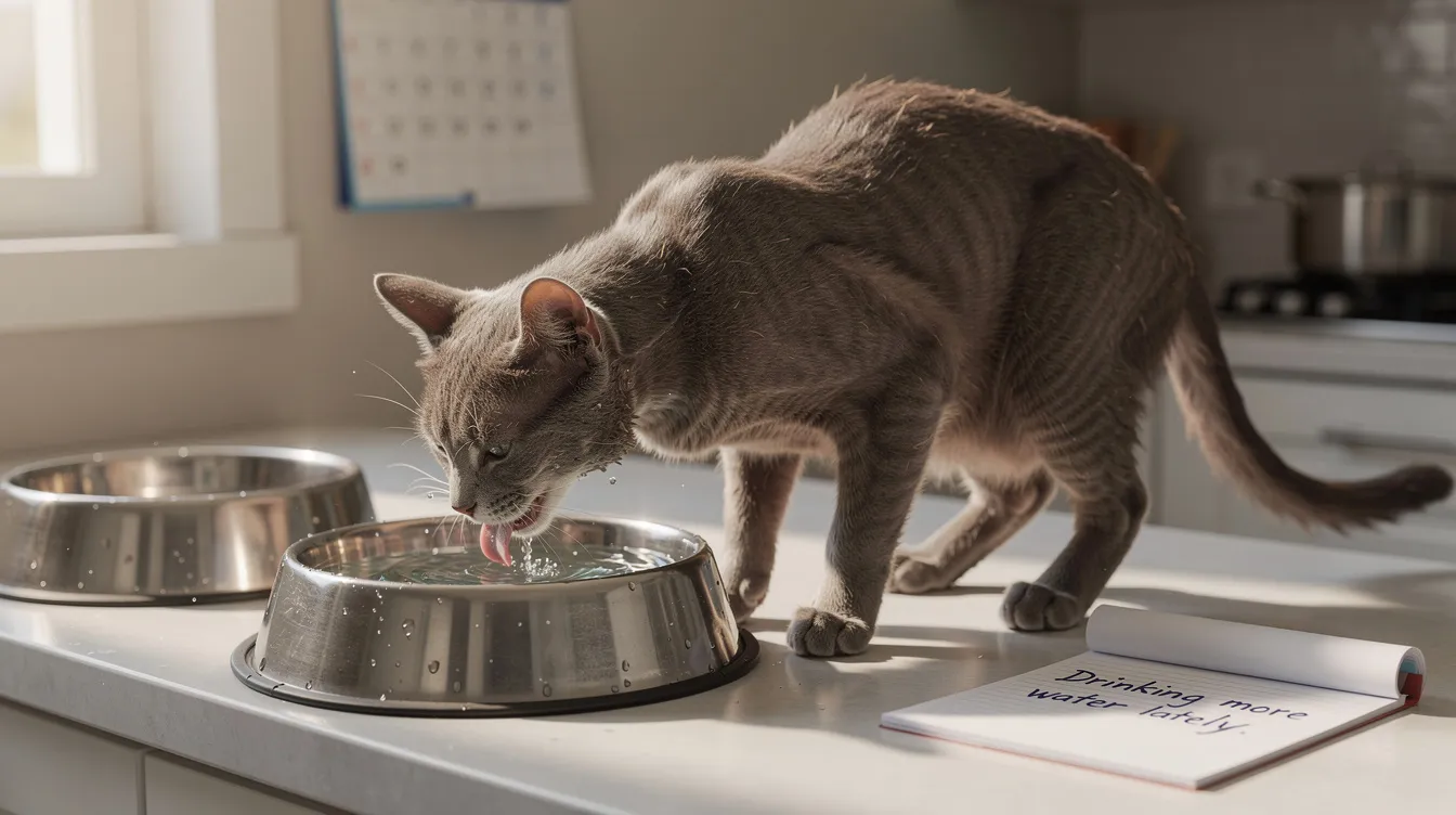 The image shows a cat drinking from a water bowl more frequently than usual, which may indicate early signs of increased thirst associated with chronic kidney disease. This behavior could be a clinical sign of decreased kidney function, prompting the need for a veterinary examination to evaluate kidney function.