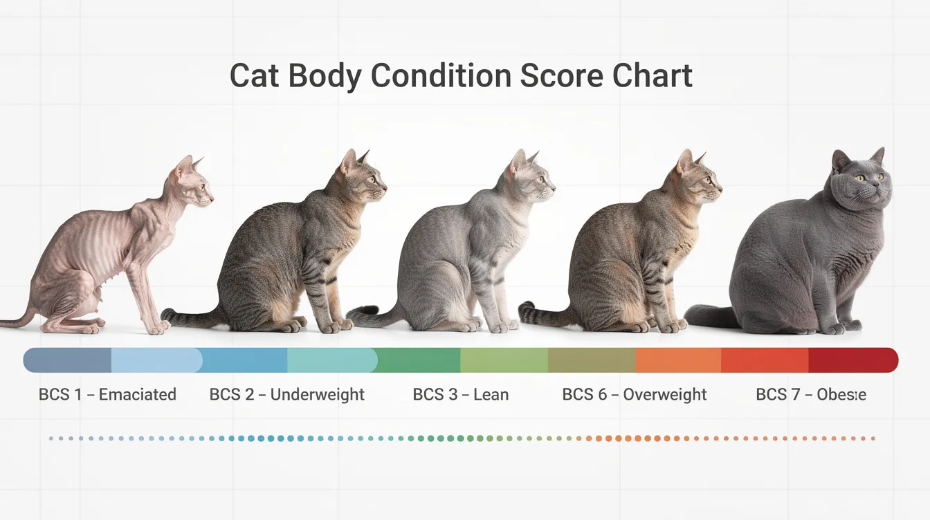 The image depicts a body condition scoring chart for cats, illustrating various weight stages, from underweight to healthy to overweight. This visual guide can help pet owners monitor their cats' health, as maintaining a balanced diet and regular veterinary visits are crucial for preventing issues related to feline immunodeficiency virus (FIV) and other infections.