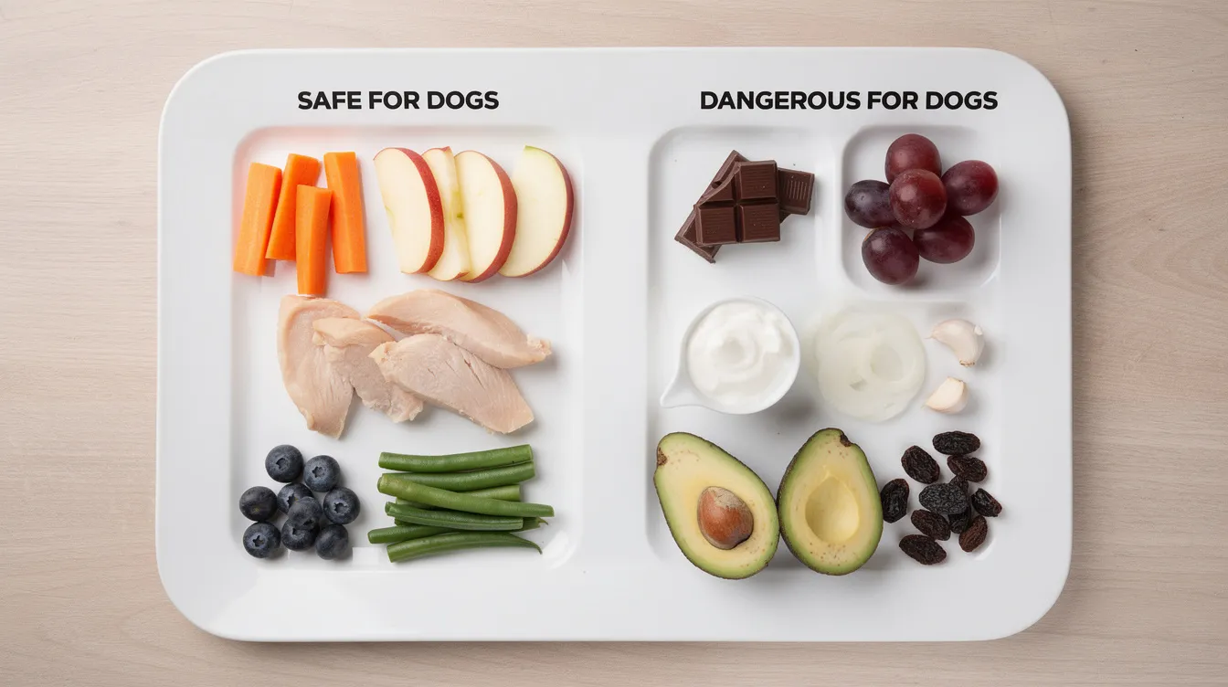 The image shows a divided plate with a side-by-side comparison of safe foods and dangerous foods for dogs. On one side, there are safe options like cooked eggs and peanut butter, while the other side displays toxic foods such as dark chocolate, grapes, and macadamia nuts that can harm dogs and cause serious illness.