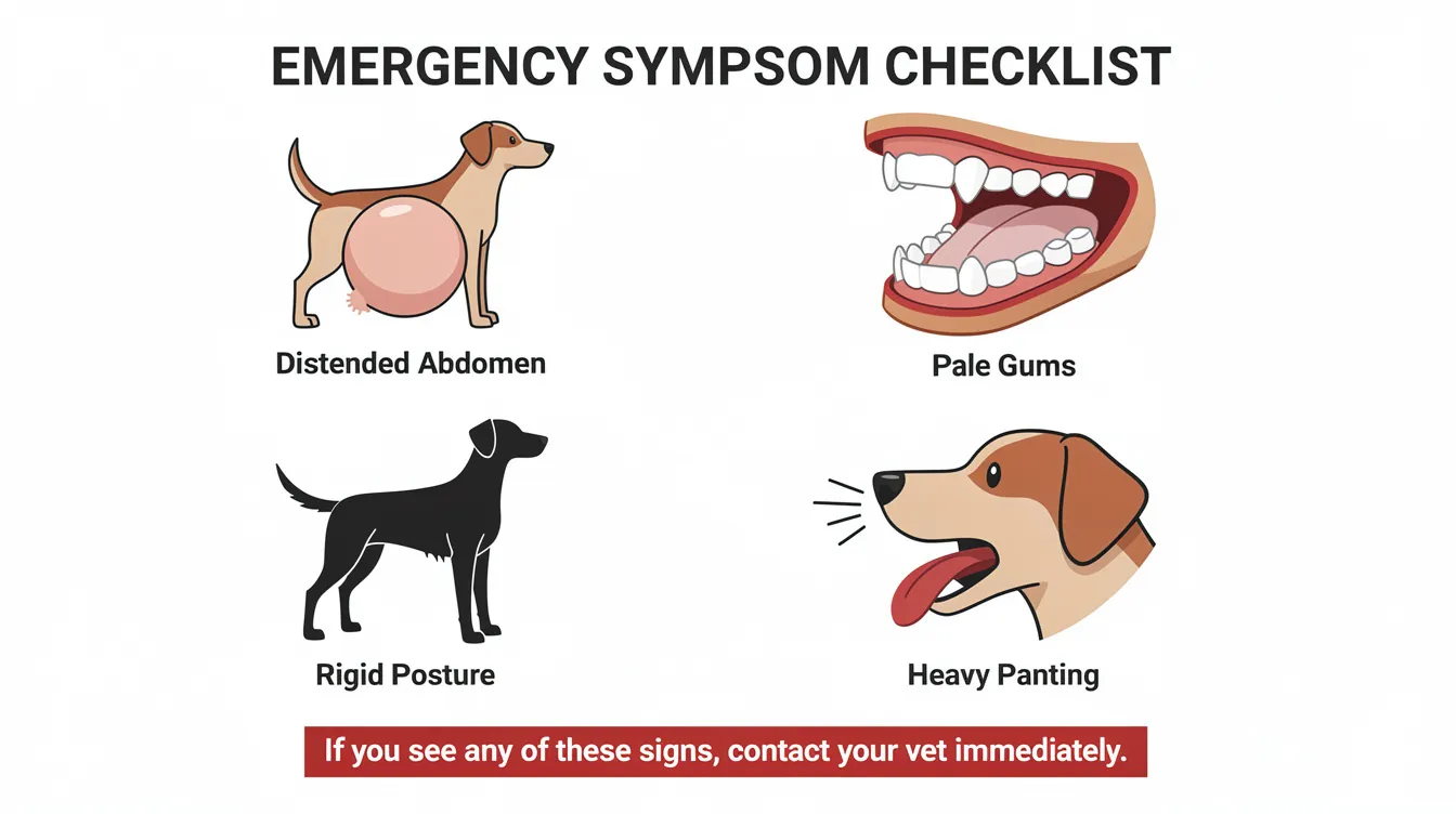 The infographic displays an emergency symptom checklist for dogs, featuring icons representing a distended abdomen, pale gums, rigid posture, and panting. This visual serves as a guide for pet owners to identify concerning signs in their dogs, emphasizing the need to contact a vet immediately if symptoms persist.