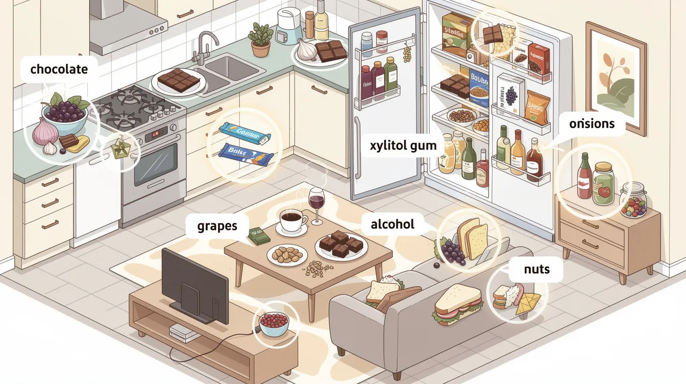 The illustrated kitchen and living room map shows various locations where dangerous human foods, such as chocolate, grapes, and raw eggs, are often stored or left accessible, highlighting areas that can harm dogs and lead to serious illness. It emphasizes the need for pet owners to avoid feeding these toxic foods to prevent food poisoning and potential health risks for their dogs.