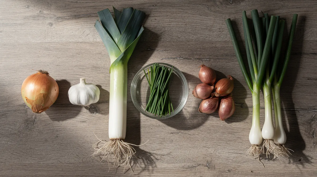 The image displays a variety of allium plants including whole onions, garlic bulbs, leeks, chives, shallots, and spring onions neatly arranged on a kitchen surface. This visual comparison highlights the different types of onions and garlic, which are known to be toxic to dogs, potentially leading to serious complications such as red blood cell damage.
