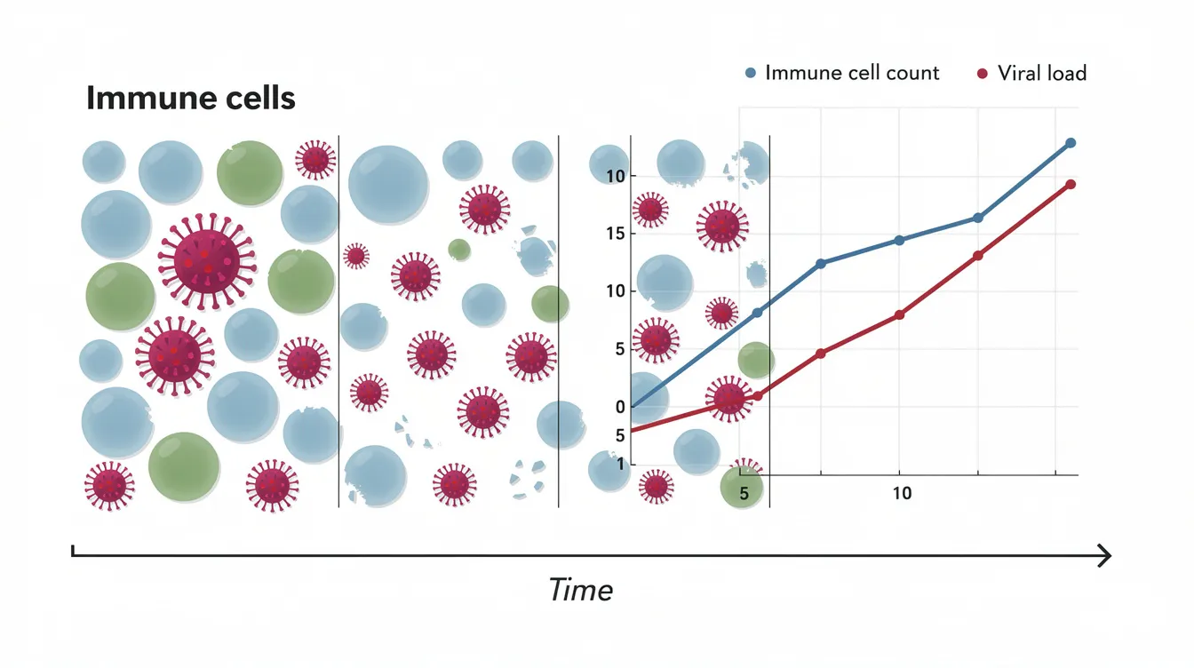 The diagram depicts a timeline showing the progressive decline of immune cells in cats infected with the feline immunodeficiency virus (FIV), illustrating how the FIV infection weakens the immune system over time, potentially leading to secondary infections in FIV positive cats. The visual emphasizes the importance of monitoring the health of infected cats to manage chronic or recurrent infections effectively.