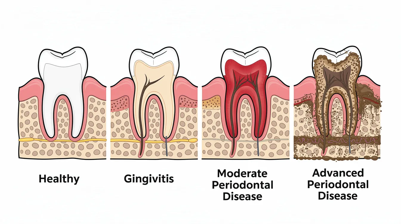 The illustration depicts a cross-section view of feline dental disease progression, starting from healthy gums and teeth in a senior cat to advanced periodontal breakdown. This visual representation highlights the importance of early detection and prevention of dental disease in aging cats, which can impact their overall health and quality of life.