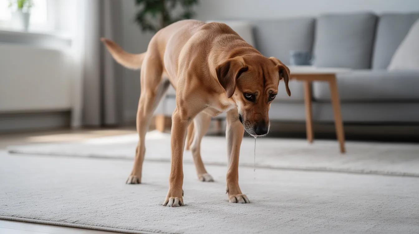 A distressed dog is lying on a living room floor, exhibiting symptoms such as drooling and a hunched posture, which may indicate potential onion toxicity. Pet owners should be aware that onions and garlic are toxic to dogs, as they can damage red blood cells and lead to serious health complications.