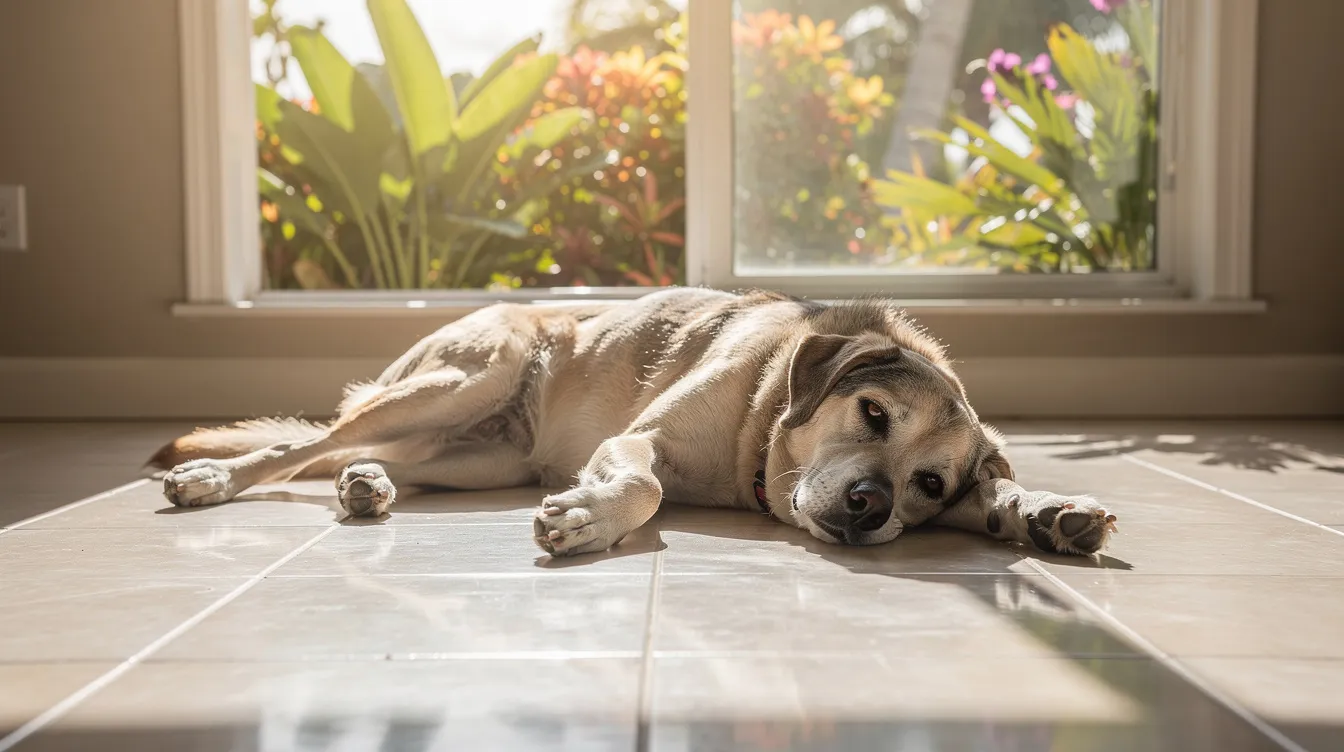 A senior dog is peacefully resting on a cool tile floor in a sunny room, with tropical plants visible through the window. This serene scene highlights the dog's comfort, which is essential for managing conditions like Cushing's disease, often related to adrenal gland issues and excess cortisol production.