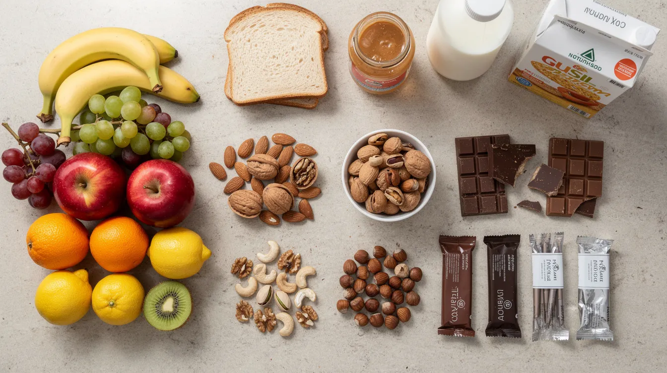 The image shows a kitchen counter filled with an assortment of various human foods, including fruits, nuts, and chocolate bars, arranged for easy identification. It's important to note that some of these items, like grapes and raisins, dark chocolate, and macadamia nuts, can be toxic to dogs and could lead to serious health issues if ingested.