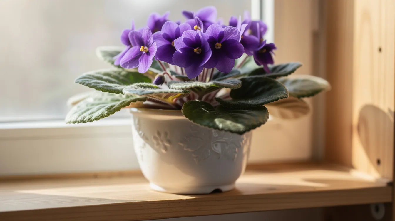 A cluster of vibrant purple African violets is nestled in a decorative ceramic pot, resting on a sunlit shelf. These beautiful flowers are part of the pet-friendly plants category, making them a safe choice for homes with furry companions.