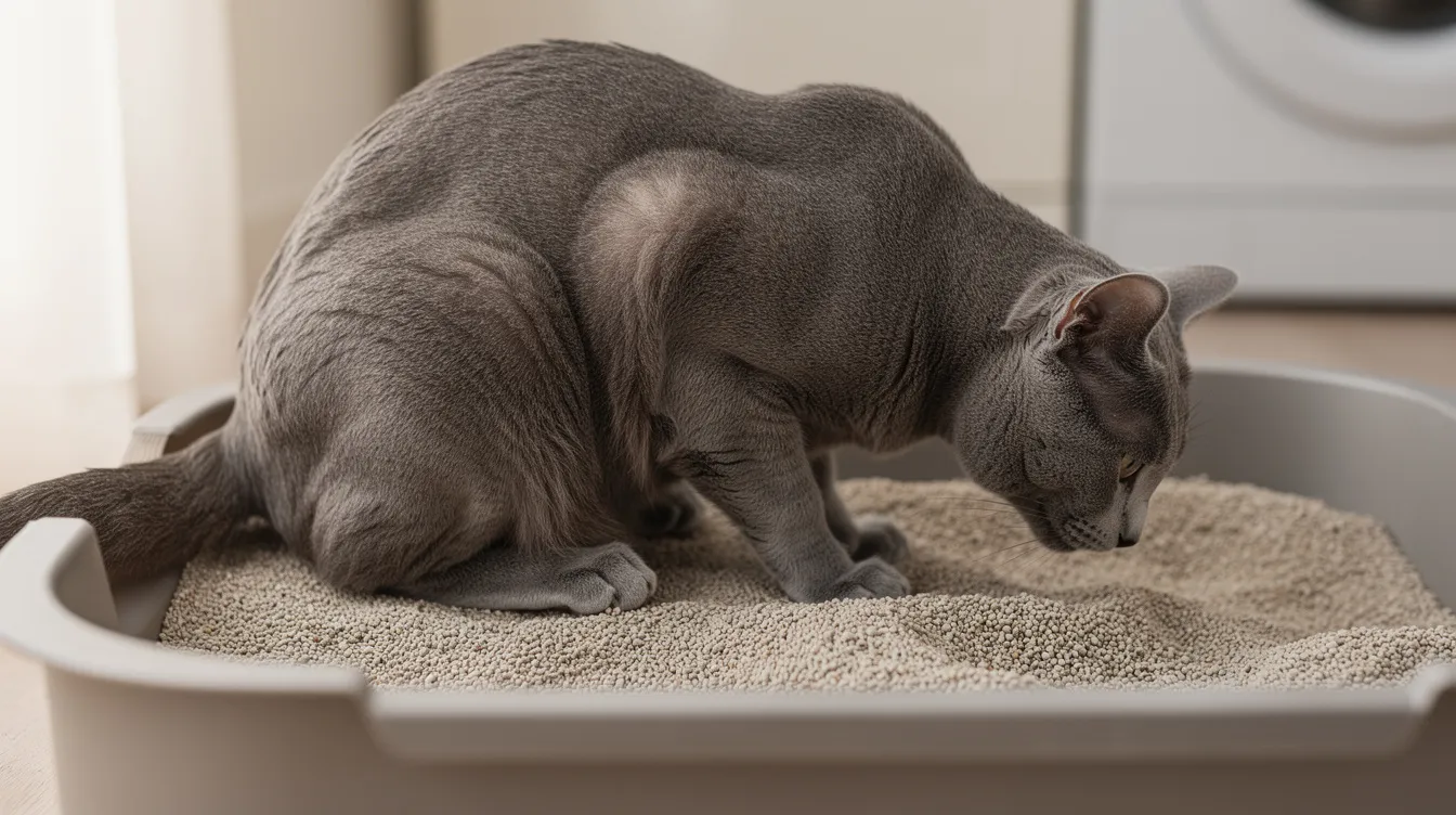 The image shows a cat in a litter box, crouching with a hunched back and tense posture, which may indicate signs of pain or discomfort. Its facial expression and lowered head suggest the cat could be experiencing abdominal pain or other underlying issues, prompting cat owners to seek veterinary advice.