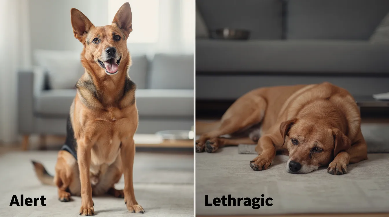 The image shows a side-by-side comparison of two dogs: one is alert with its head raised, indicating a healthy state, while the other is lethargic, lying flat with drooping eyes, which may suggest potential health issues. If your dog displays signs of lethargy or a decreased appetite, it is essential to seek veterinary care to identify any underlying causes.