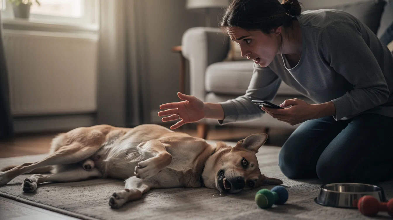 The image depicts a dog lying down with visible signs of neurological distress, while a concerned pet owner kneels nearby, looking worried. This scene highlights the importance of understanding pet safety regarding substances like peppermint oil and the potential need for emergency veterinary care.
