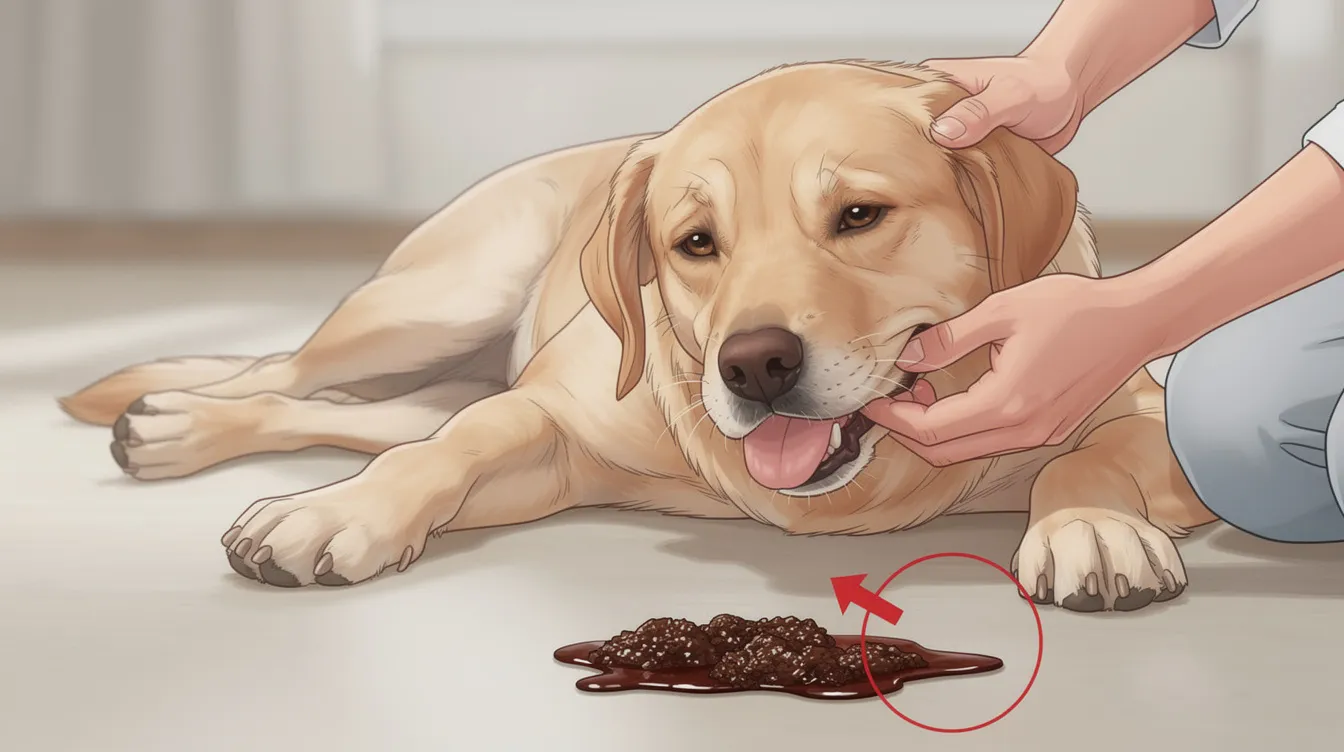 The image shows a pale-gummed dog appearing lethargic next to dark brown vomit material, resembling coffee grounds, indicating potential digestive issues such as stomach ulcers or internal bleeding. Pet parents should be alert to these warning signs and seek veterinary assistance immediately if their dog is vomiting brown liquid.