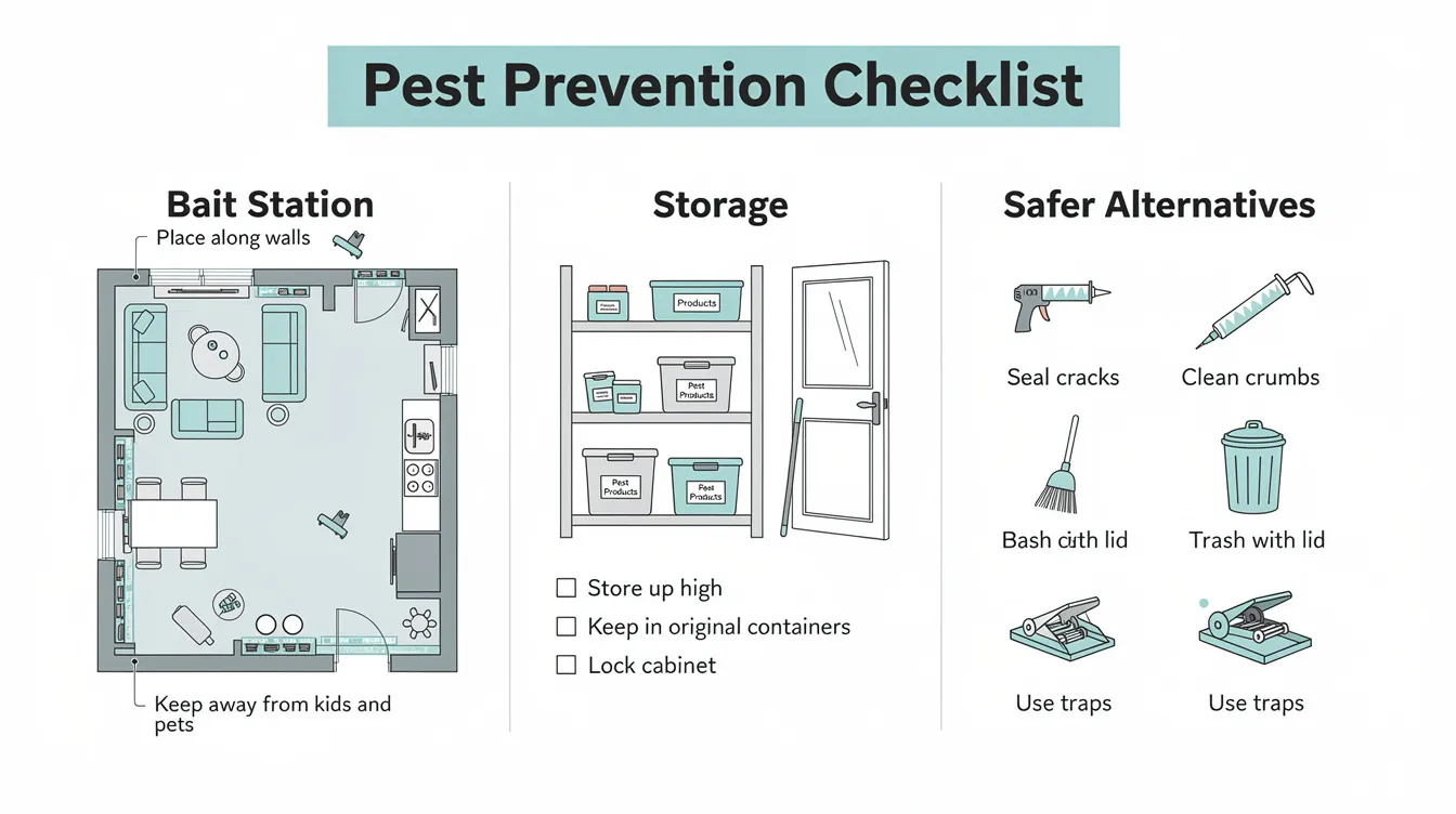 The infographic presents a prevention checklist for rodenticide poisoning, highlighting the proper placement of bait stations, safe storage practices, and alternative methods to deter rodents. It emphasizes the importance of understanding anticoagulant rodenticide effects, clinical signs in dogs, and the necessity of veterinary medicine in cases of direct ingestion.