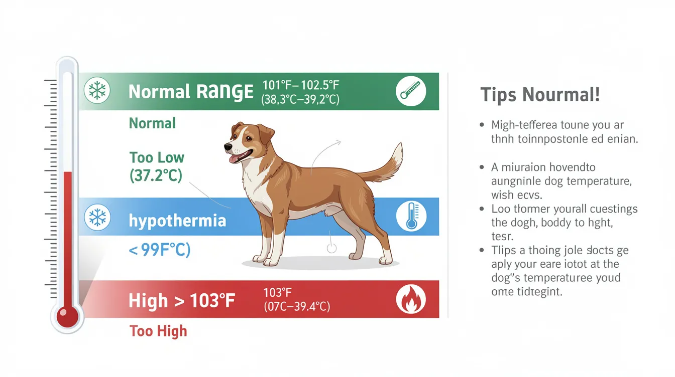 The image illustrates various dog temperature ranges, highlighting the differences between a healthy dog's body temperature and elevated temperatures that may indicate fever in dogs. It emphasizes the importance of checking your dog's temperature using a rectal thermometer for accurate diagnosis and monitoring their health.