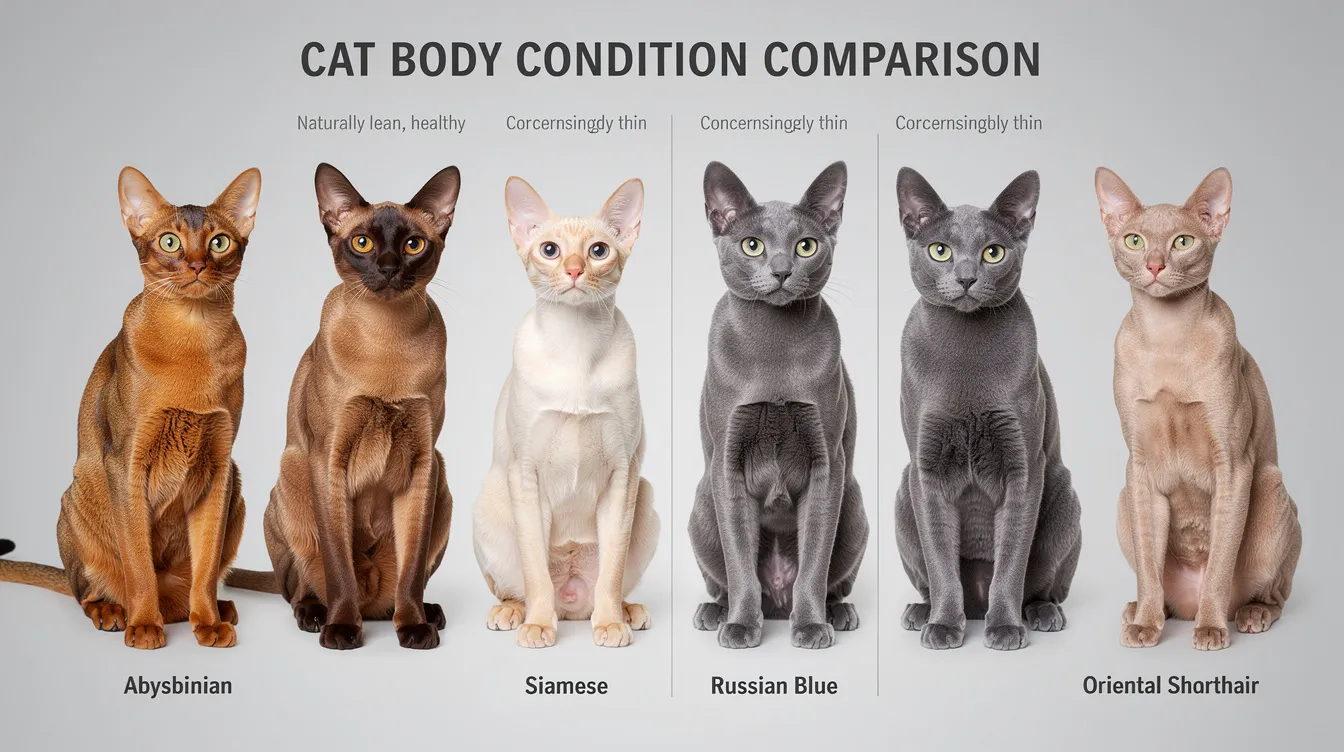 The image shows a side-by-side comparison of a naturally lean cat breed with a healthy body condition and a concerningly thin cat, highlighting differences in their body types, such as visible ribs and hip bones. This visual representation emphasizes the importance of maintaining a cat's ideal weight through a balanced diet and regular veterinary check-ups to avoid potential health issues.