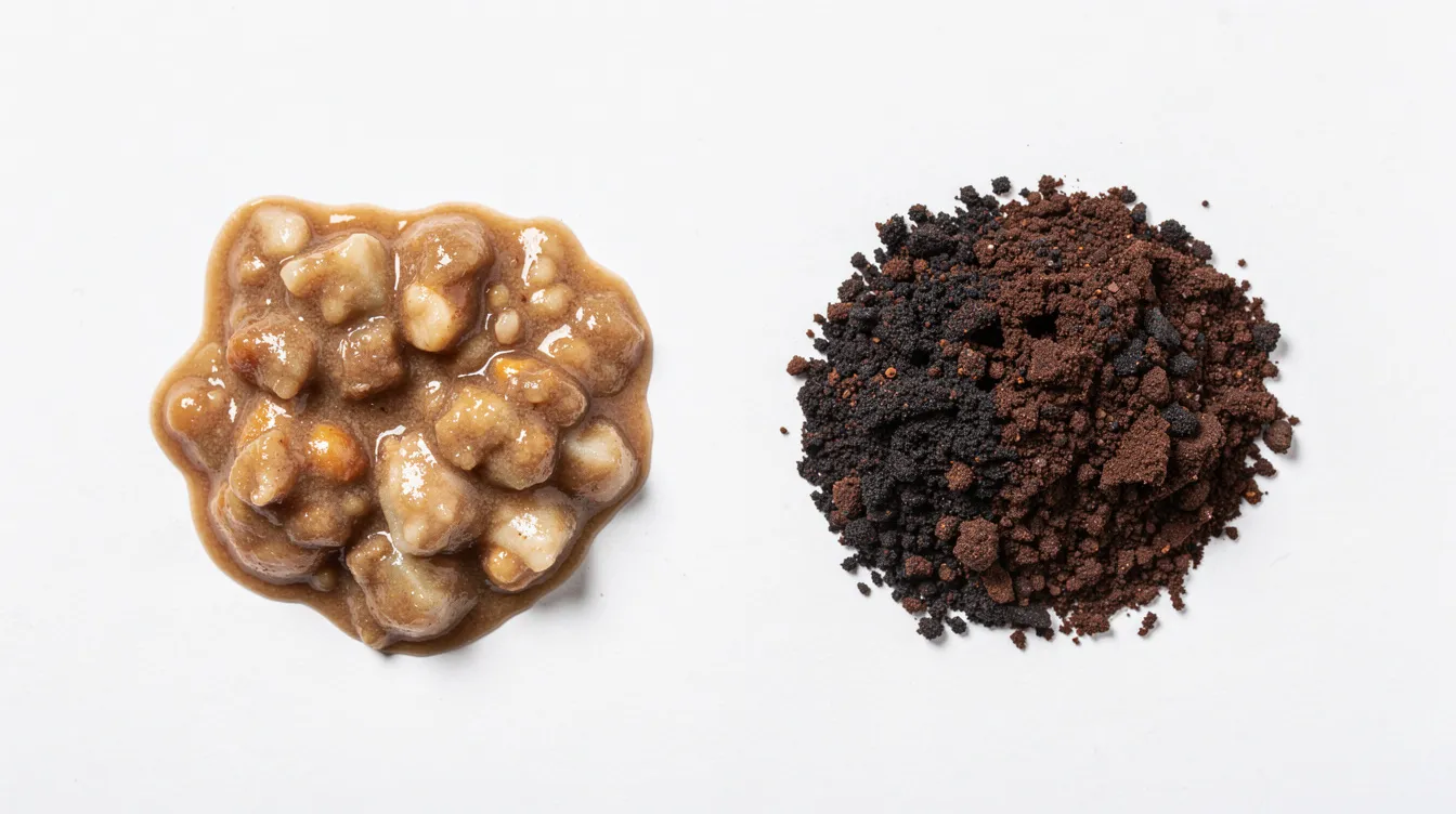The image shows a close-up comparison of two types of dog vomit on a white surface: one is light brown and chunky, while the other has a dark, granular texture resembling coffee grounds. This visual may indicate potential digestive issues in dogs, such as upset stomach or possible internal bleeding, and pet parents should consult a veterinarian immediately if their dog is vomiting persistently.