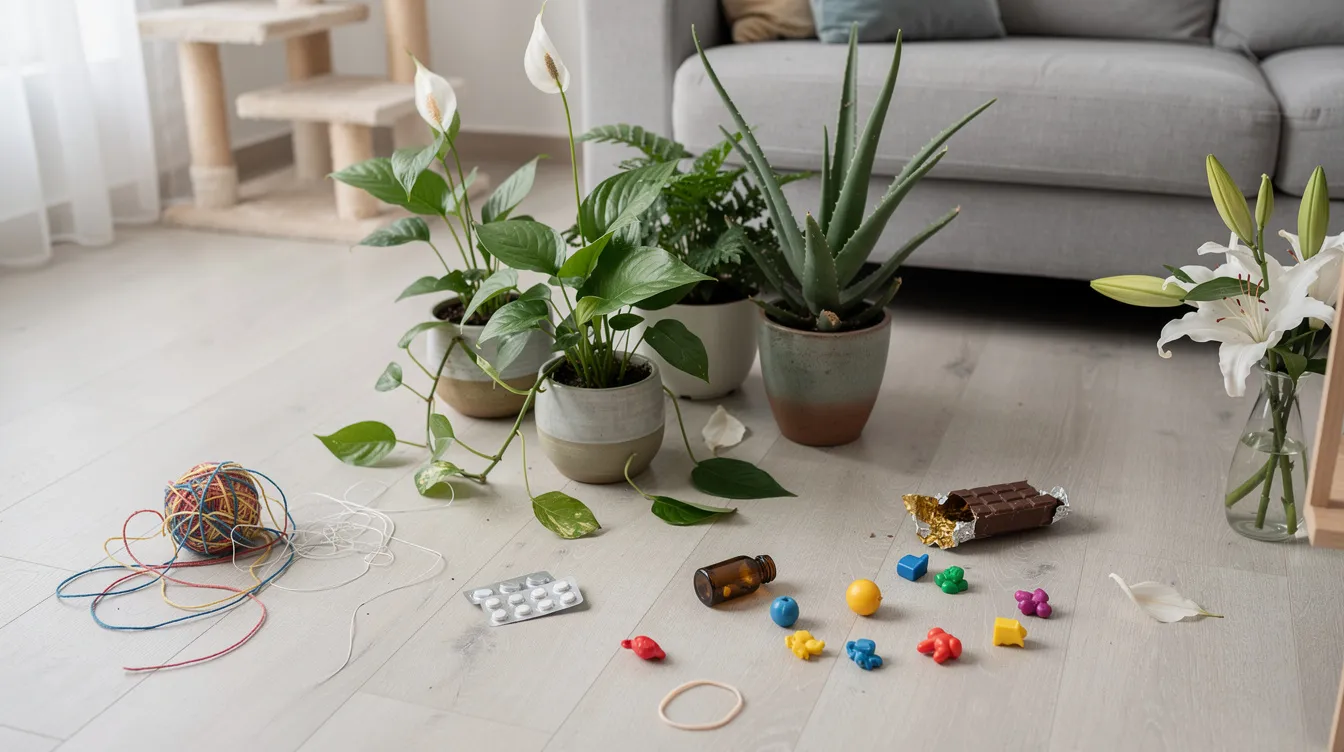 The image depicts a collection of common household items, including houseplants and small objects, which can potentially trigger vomiting in cats. These items may lead to a cat throwing up white foam, indicating possible digestive issues or an empty stomach.