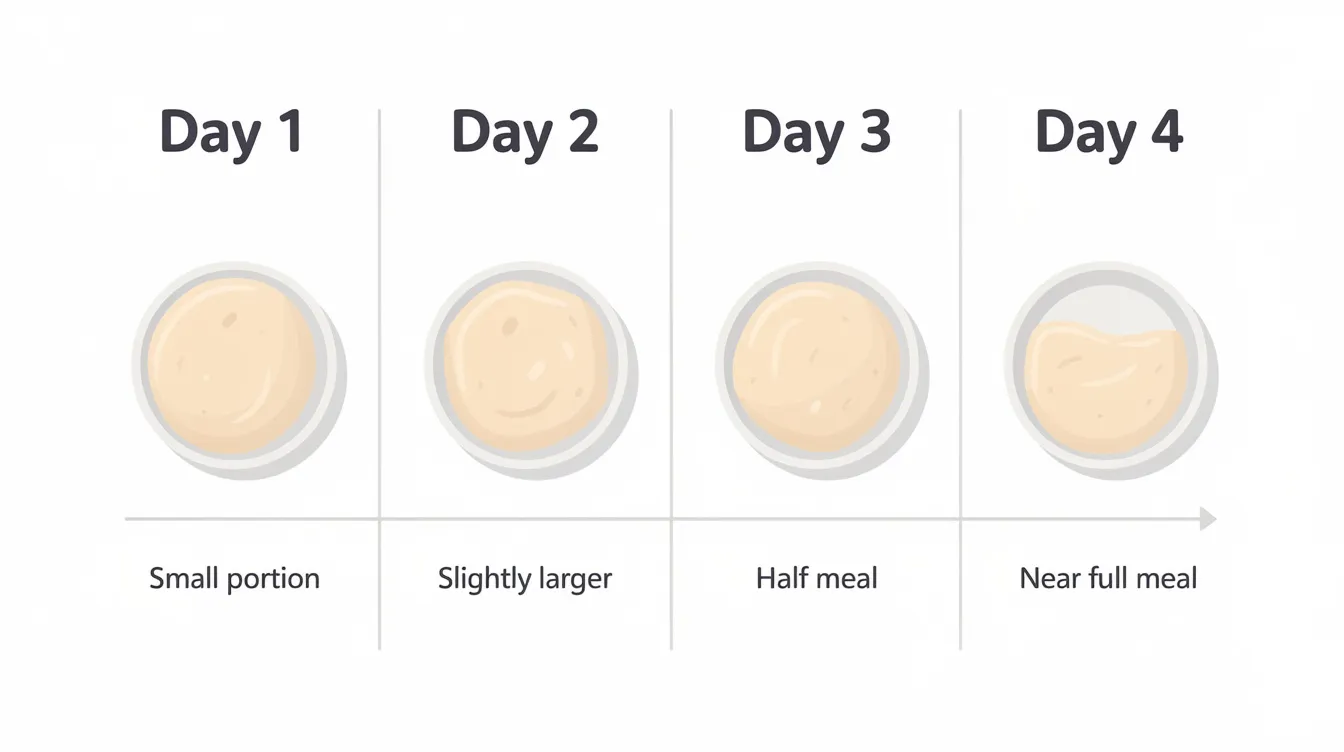 The image depicts a visual feeding schedule featuring bowls with progressively larger portions of bland food, such as boiled chicken and white rice, arranged over four days. This schedule is designed for dogs experiencing gastrointestinal issues like upset stomach or chronic vomiting, ensuring they gradually return to a regular diet while monitoring their well-being.