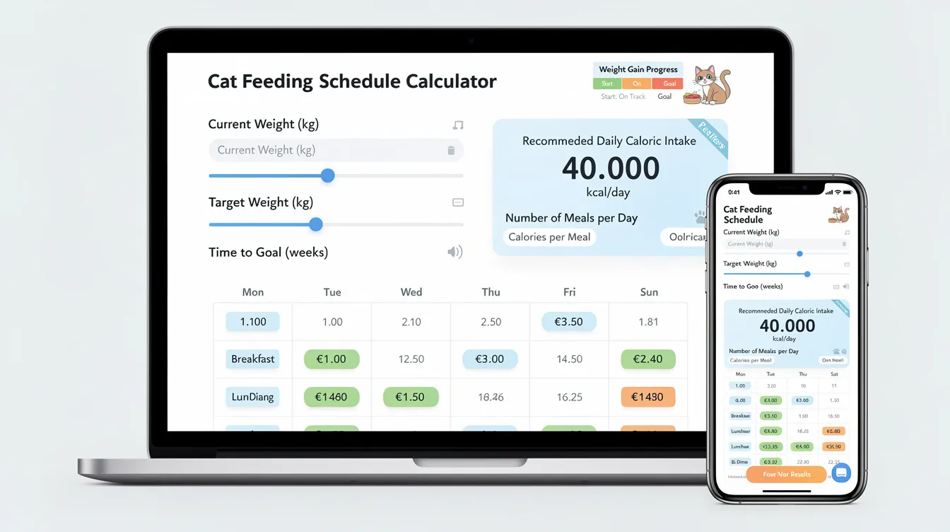 The image depicts a feeding schedule calculator designed to help cat owners determine the recommended daily caloric intake based on their cat's weight and target weight gain goals. It emphasizes the importance of maintaining a balanced diet for cats, particularly for those that are underweight or too skinny, ensuring they receive enough calories to achieve a healthy weight.