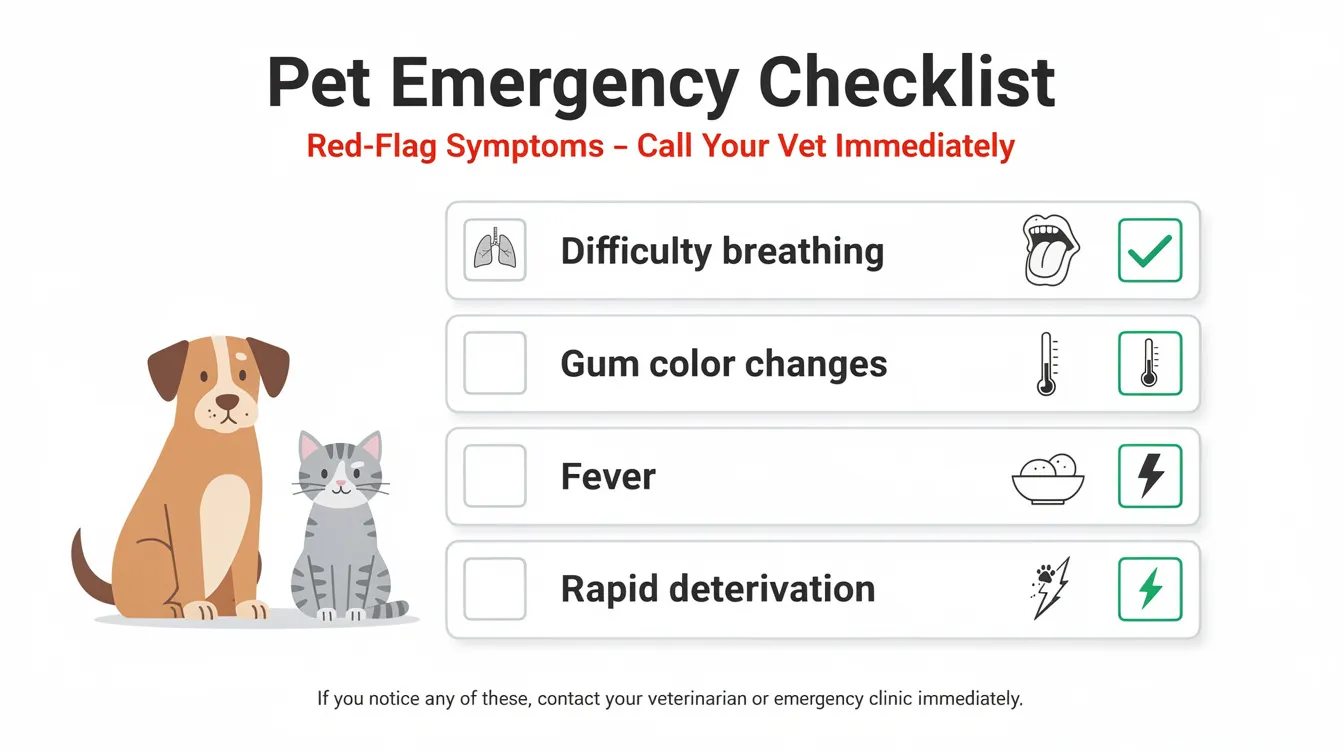 The image depicts an interactive emergency checklist for dog owners, highlighting red-flag symptoms such as difficulty breathing, gum color changes, and fever that indicate a need for immediate veterinary care for sick dogs. The checklist includes checkboxes for symptoms like appetite loss and rapid deterioration, underscoring the importance of recognizing signs of respiratory illness in canine patients.