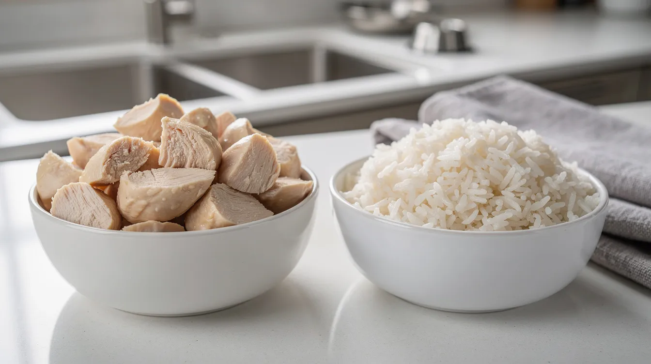 Cooked chicken and white rice bowls