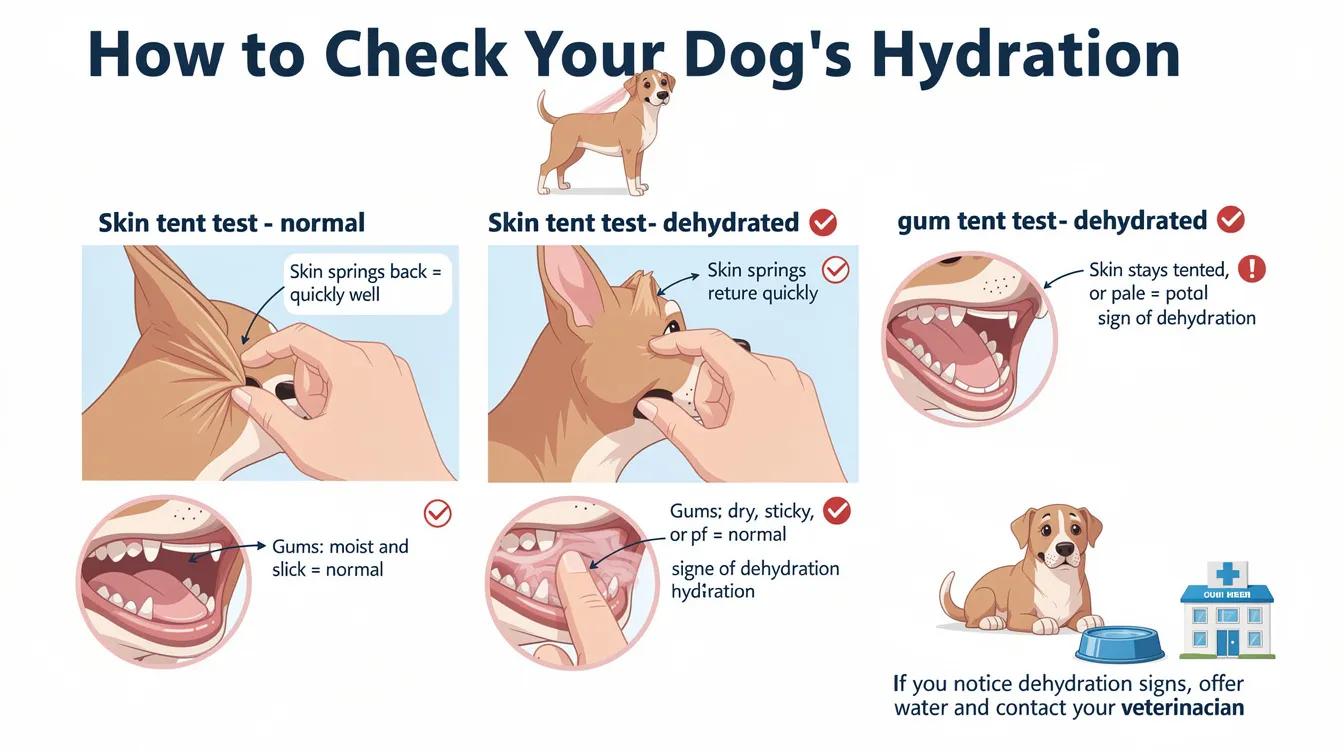 The image depicts a visual guide illustrating how to check a dog's hydration by gently lifting the skin on the back of the neck and assessing the moisture of the gums. This method is crucial for monitoring your dog's well-being, especially if you notice signs of lethargy or a decrease in appetite, which may indicate the need for veterinary care.