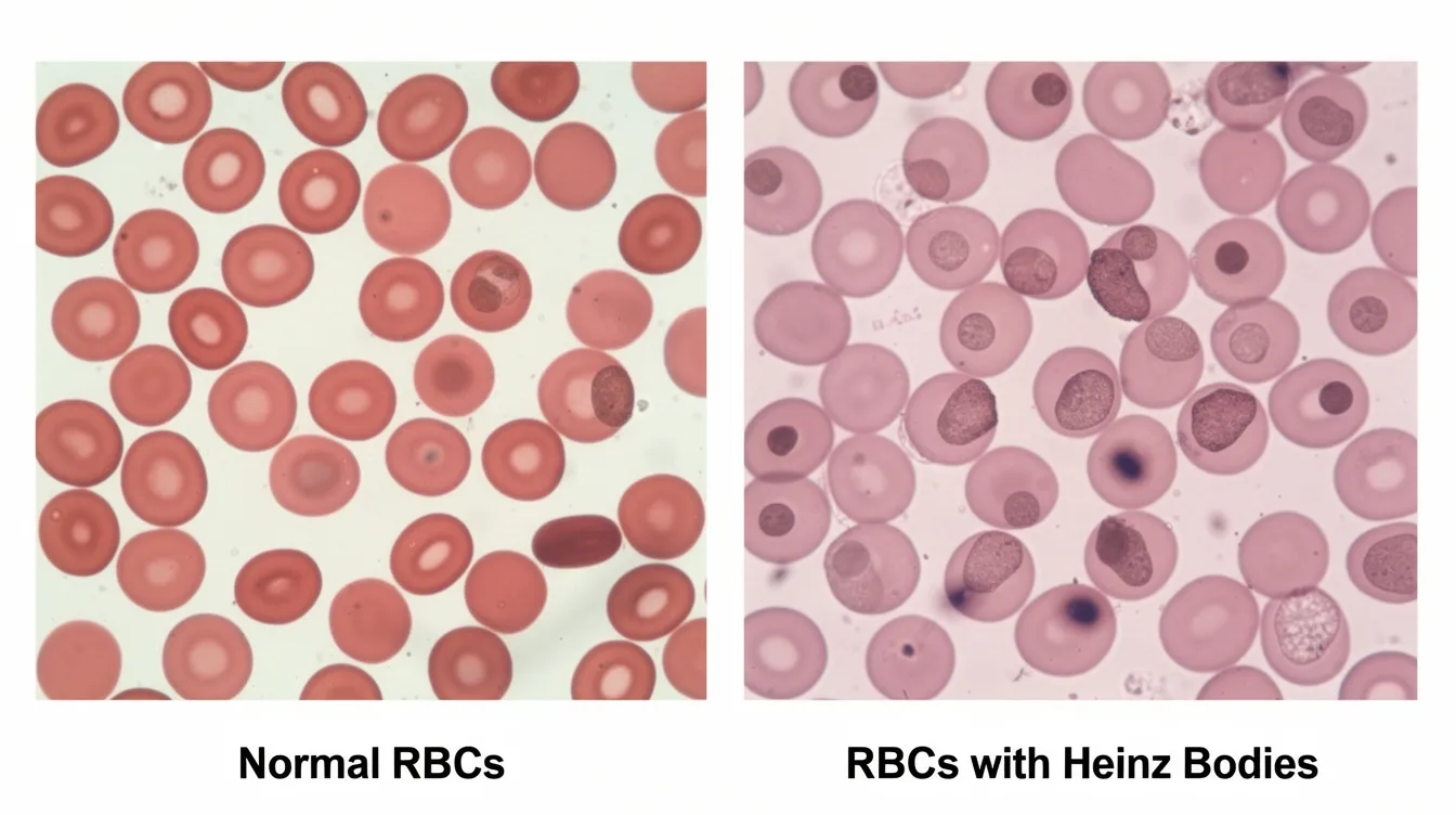 The image shows a microscopic view comparing normal healthy red blood cells, which appear round and uniform, to damaged red blood cells that exhibit Heinz body formations, indicating potential issues like onion toxicity in dogs. The presence of these damaged cells can lead to serious complications, highlighting the importance of pet owners being aware of what foods, like onions and garlic, can harm their dogs.