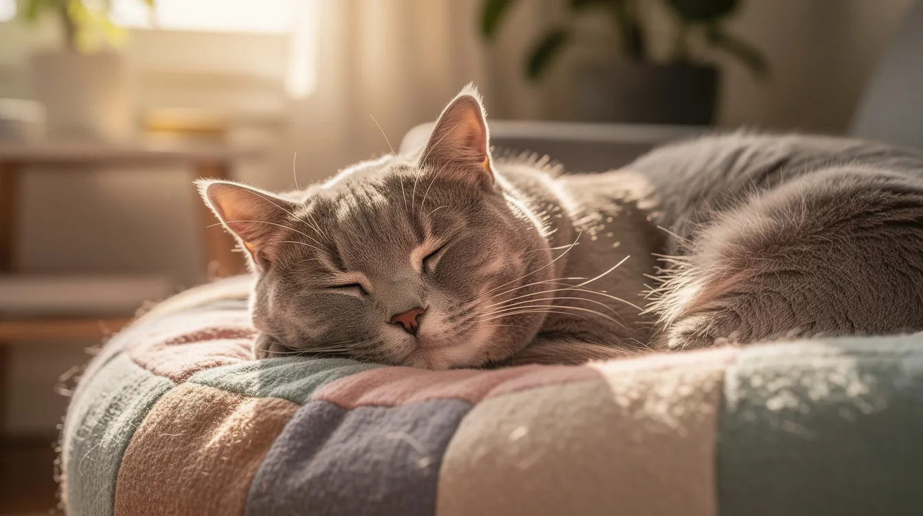A senior cat is peacefully resting on a soft cushion in a sunlit room, embodying the tranquility often sought by aging cats. This beloved cat may be experiencing common health issues associated with older cats, such as chronic kidney disease or dental disease, which are important for pet parents to monitor for maintaining their quality of life.