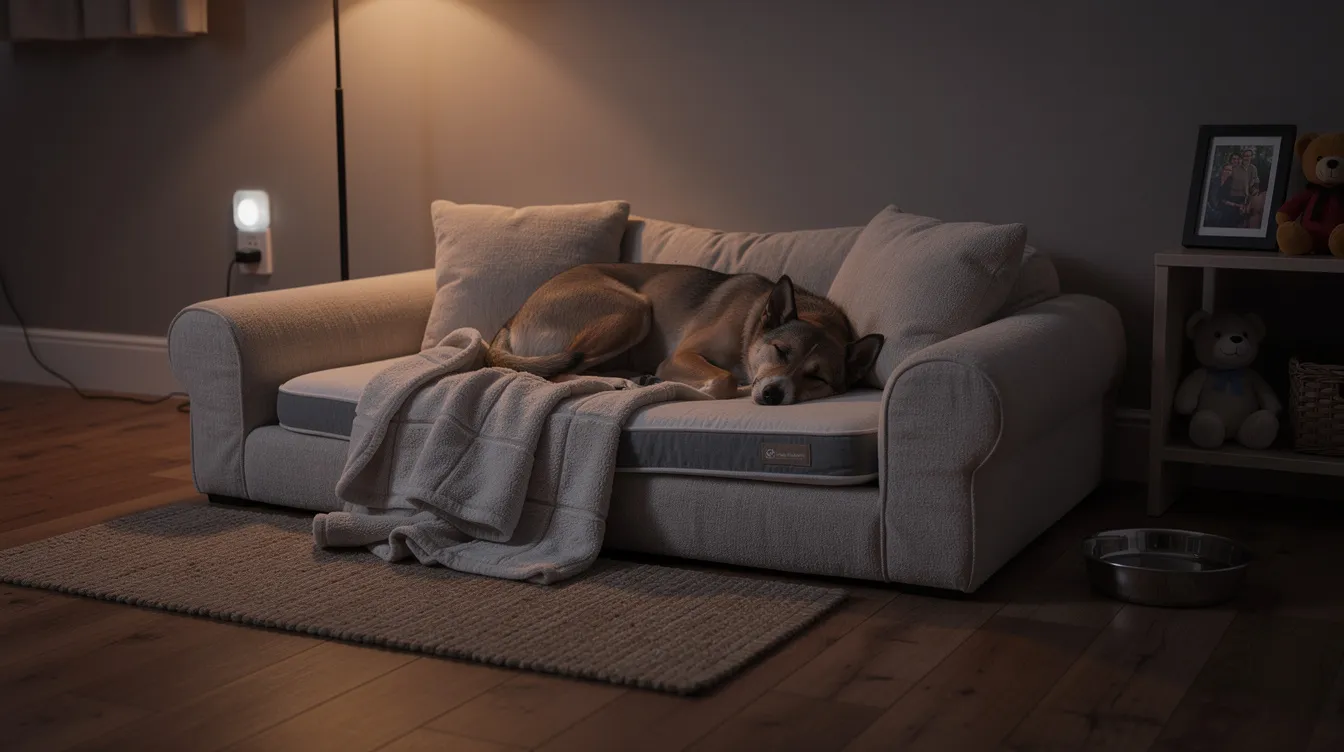 The image depicts a cozy nighttime resting area for a senior dog, featuring an orthopedic bed surrounded by supportive bedding in soft, dim lighting. This setup is designed to provide extra support and comfort for dogs experiencing joint pain or other symptoms associated with aging.